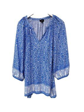 JONES New York Peasant Blouse Plus Size 1X Blue Floral Border Boho Top Rayon